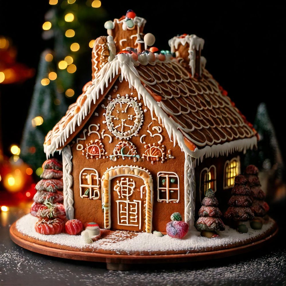 Firefly Create a mouthwatering gingerbread house, beautifully decorated with chocolates and candies .jpg