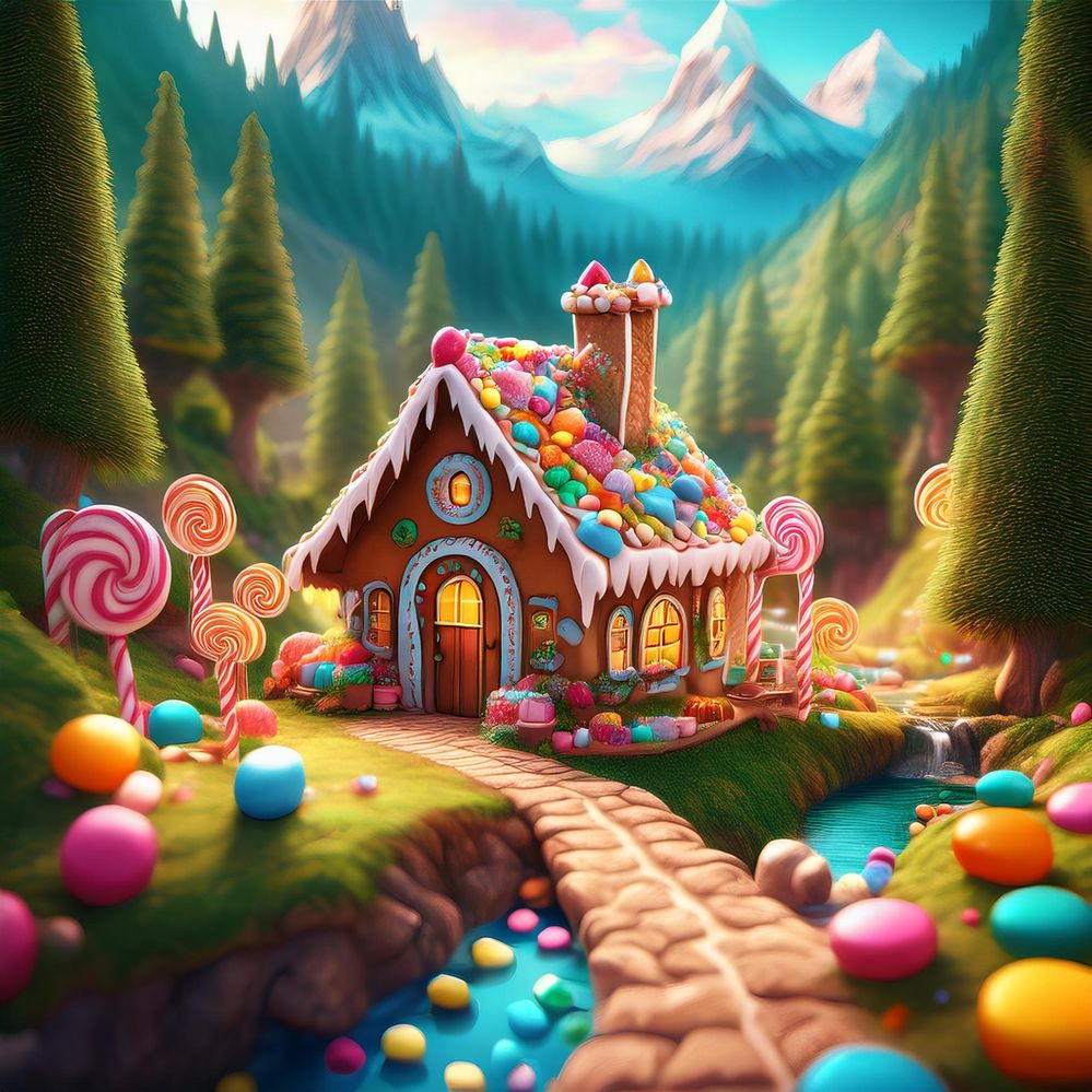 Firefly Beautiful cozy fantasy gingerbread cottage with gumdrops in a candy forest aside a cookie pa.jpg