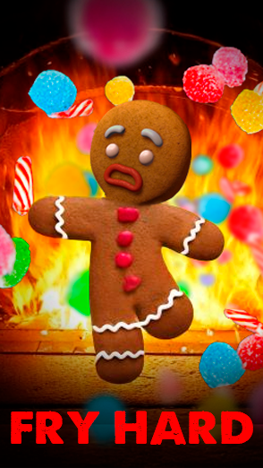 Gingerbread man running jumping. face with a frightened expression, and astonishment; Christmas concept; Background with a burning oven, in the background there is an explosion of gummy candies, and Christmas candy. The gingerbread man, is scared running away from the explosion