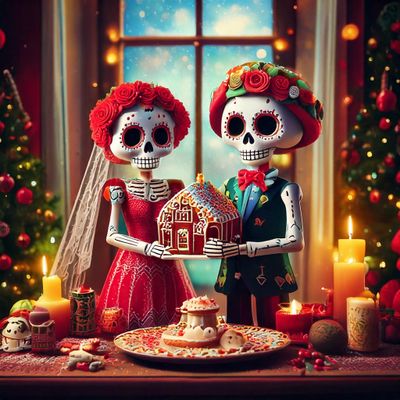 Firefly hyper-realistic, chibi style 3-D image of an adorable dia los Muertos skeleton couple holdin-9.jpg