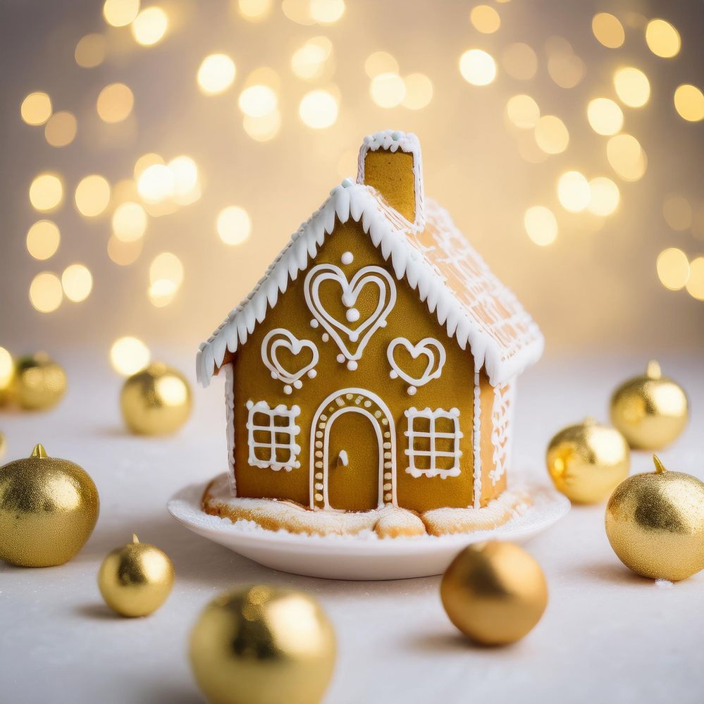 Firefly Gingerbread shaped as a beautiful house decorated with hearts and stars shapes on white back.jpg