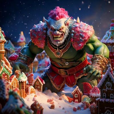 Firefly Orc crashing a Christmas village made of Gingerbread houses, leaving nothing standing in his.jpg