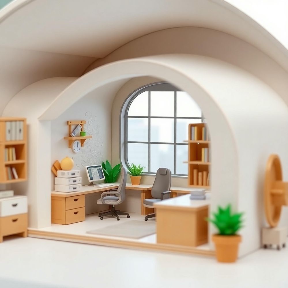 A charming, adorable office scene crafted from layered papier-mâché, showcasing clean architecture with sculpted textures, in a cute and charming style.jpg