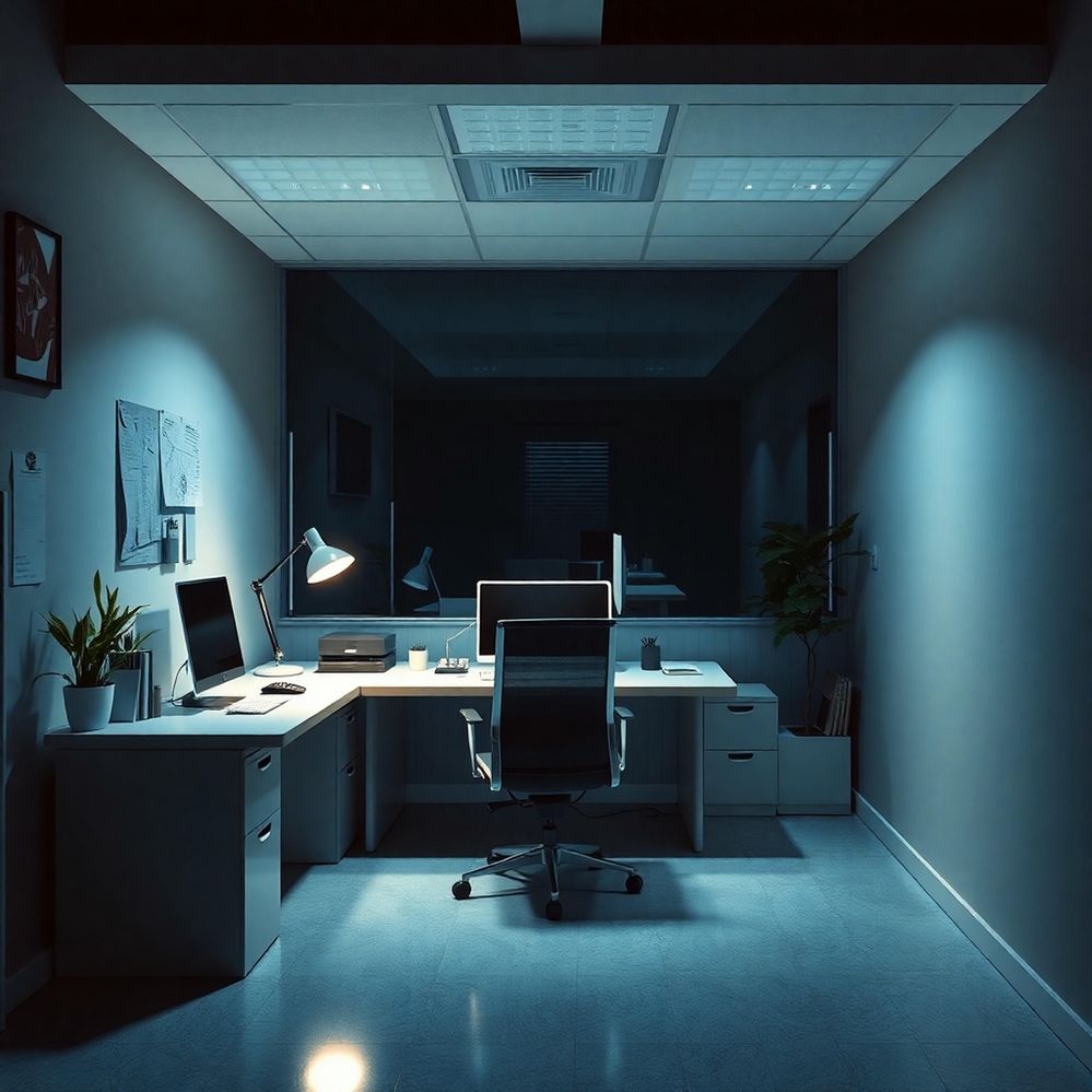 A clean and neat office scene bathed in contrasting chiaroscuro lighting, featuring strong contrasts and deep shadows, with adorable and charming features.jpg