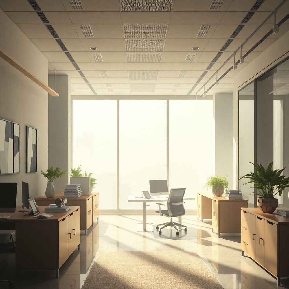 A dreamy office scene, bathed in soft hazy light, featuring clean and neat architecture, soft light, and a tranquil ambiance.jpg