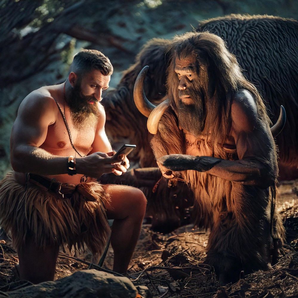 Firefly A stone age tribe discussing how to prepare the mammoth they just hunted checking their smar.jpg