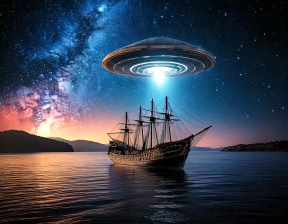 Firefly time travel; futuristic ufo flies over an ancient wooden ship and a beautiful starry sky 589.jpg