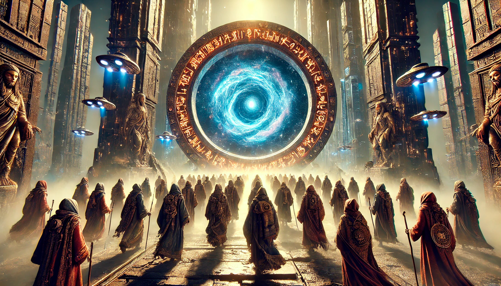 A captivating scene of ancient-looking travelers, dressed in worn, intricately detailed robes with a mix of mystical and archaic accessories, stepping.png