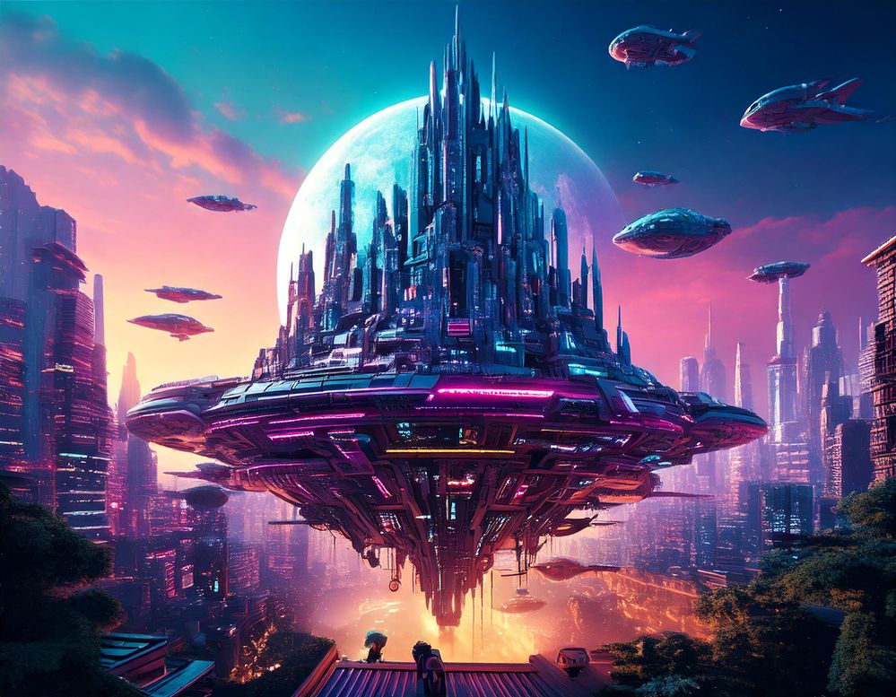 Firefly A cyberpunk castle floating in the air above a cyberpunk city filled with neon lights, flyin.jpg