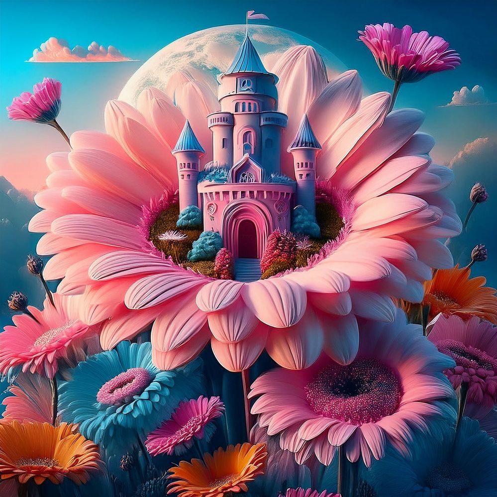 Firefly Looking up at a bouquet of giant gerbera daisies. On top of the daisy blossoms sits a castle (1).jpg