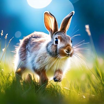 Firefly fast running rabbit in grass, side, blue and white bokeh background, highly detailed 41675.jpg