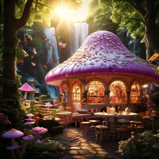 Firefly A mystical Bakery with swirled cream roof in an bright Enchanted forrest with purple butterf (2).jpg