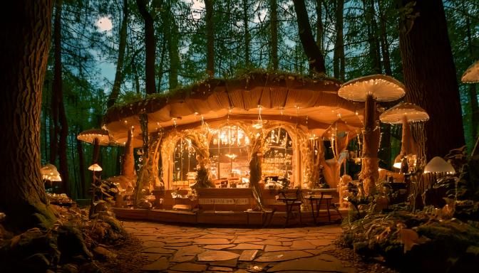 Firefly A whimsical bakery nestled within ancient, moss-covered tree trunks in a glowing, enchanted .jpg
