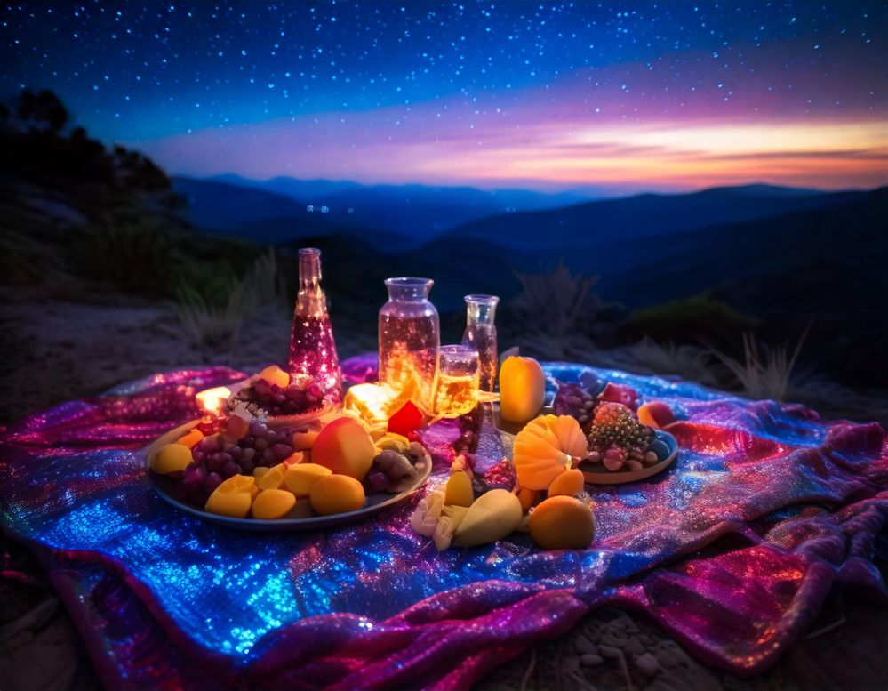 Firefly imagine une magnifique scène de pique-nique spatial avec des fruits aux couleurs fluorescent.jpg