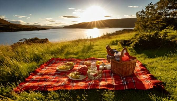 Firefly a sumptious picnic laid out on a tartan rug. it is in a sunny glade beside a scottish loch. .jpg