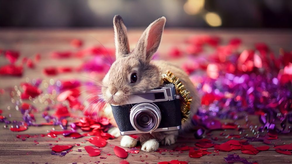 An_old_camera_sitting_on_a_table_behind_the_bunny_with_red_a_44783.jpg
