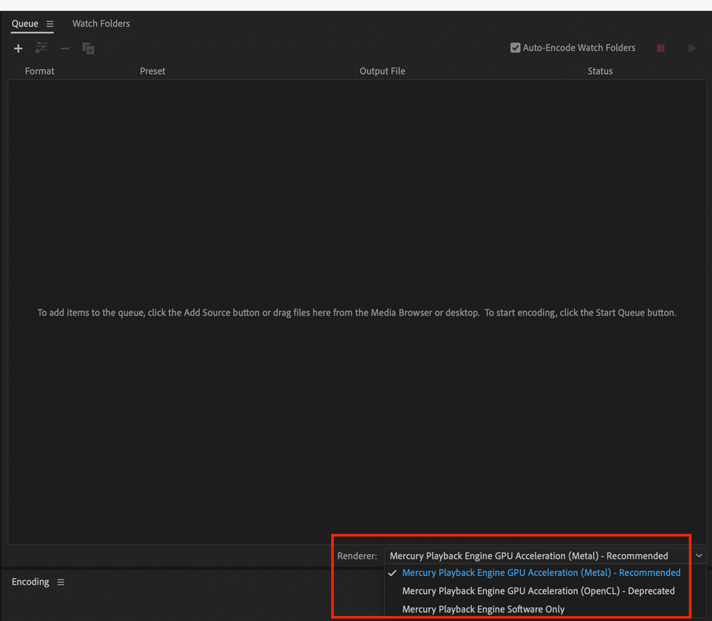 Changing the video renderer in Adobe Media Encoder