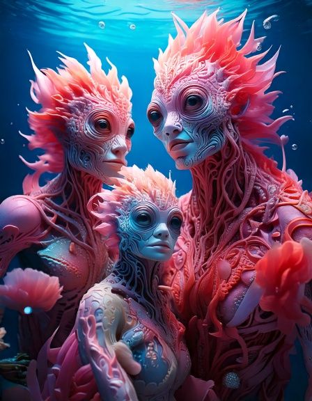 Firefly A 3d image of four playful pink underwater sea creatures that are humanoid in appearance. th.jpg
