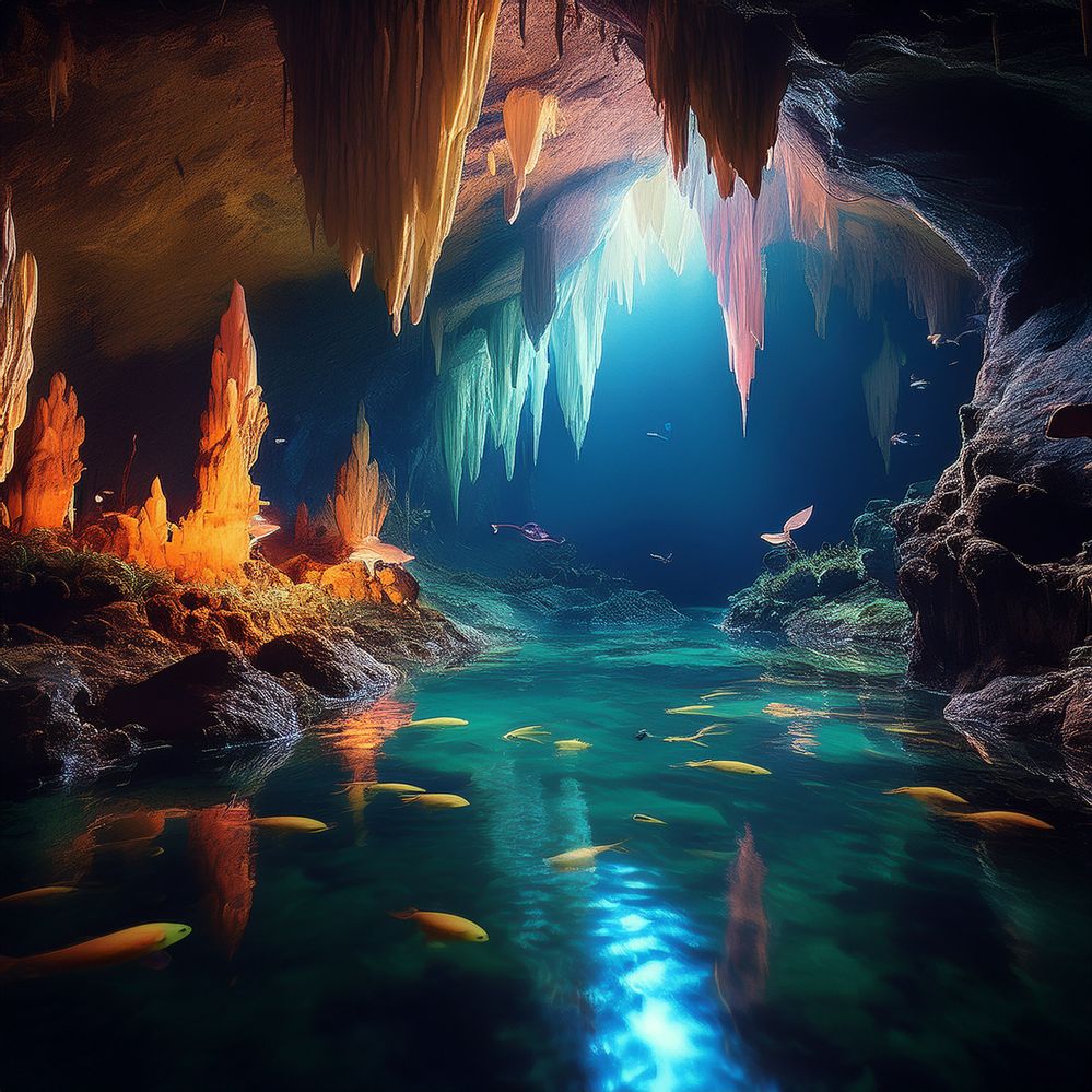 Firefly Cavernous cave with stalactites and stalagmites. Underground river with blind fish. Lots of .jpg