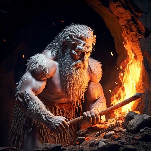 Firefly a cave man is using a hammer and a chisel to write on a cave wall, a fire is in the backgrou.jpg