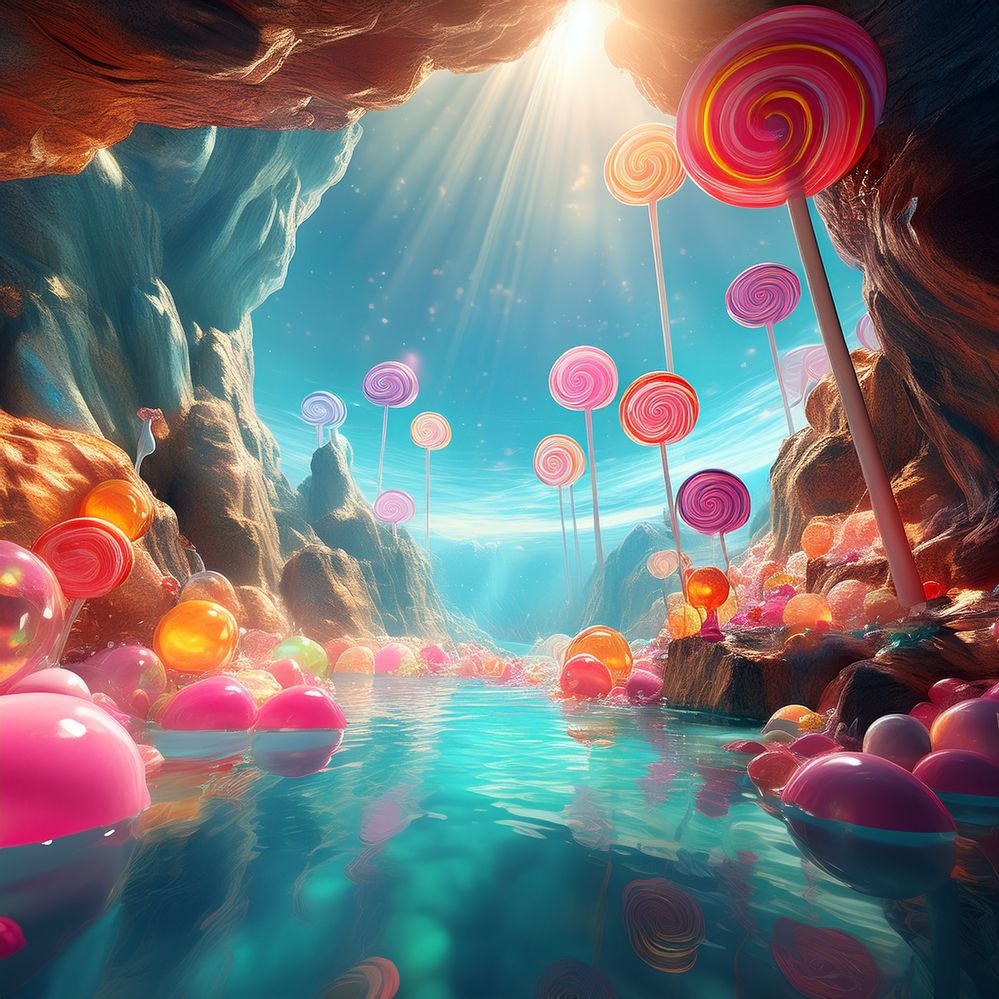 Firefly Looking into a sunlit cave filled with lollipops, gumdrops, blue opaque water. There are pin.jpg