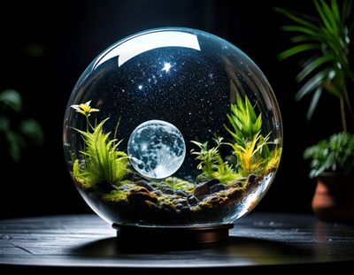 Firefly close up shot of a spherical aquarium with a moon in the background, with a galaxy inside th.jpg