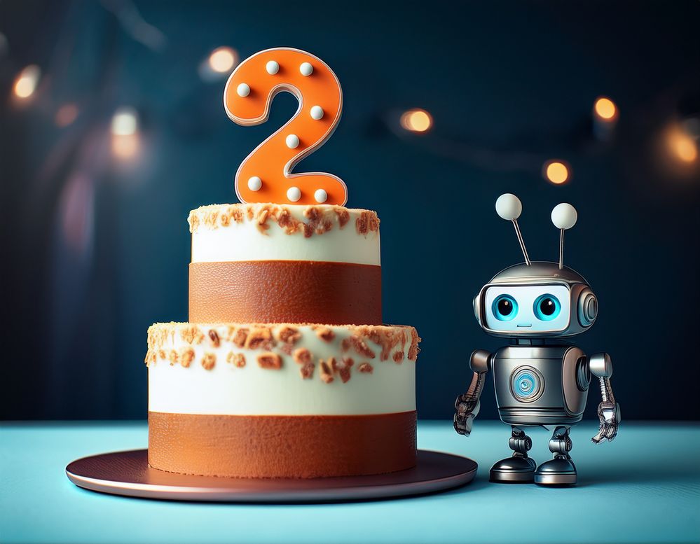 Firefly tall, multi-tiered cake with the number 2 on top; cute small simple robot with big, round ey.jpg