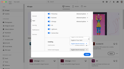 Creative Cloud desktop app > Change default install language