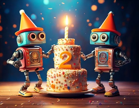 Firefly Two carton style robots wearing big green sneakers and orange top hat, dancing around a larg (2).jpg