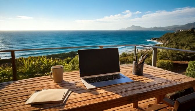 Firefly MacBook on a desk alongside a large monitor, sketchbook and pens on a deck outside with the .jpg