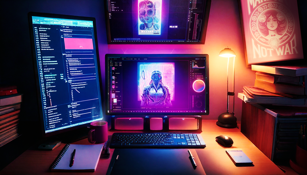 Firefly Imagine une vue d'un bureau avec trois écrans d'ordinateur, des haut-parleurs musicaux sous_.png