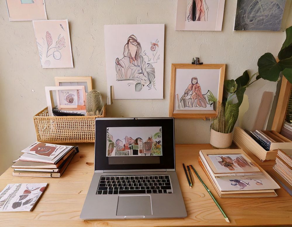 Firefly Sur le bureau il y a un MacBook Pro, des carnets à dessin, des pinceaux de peinture et une r.jpeg