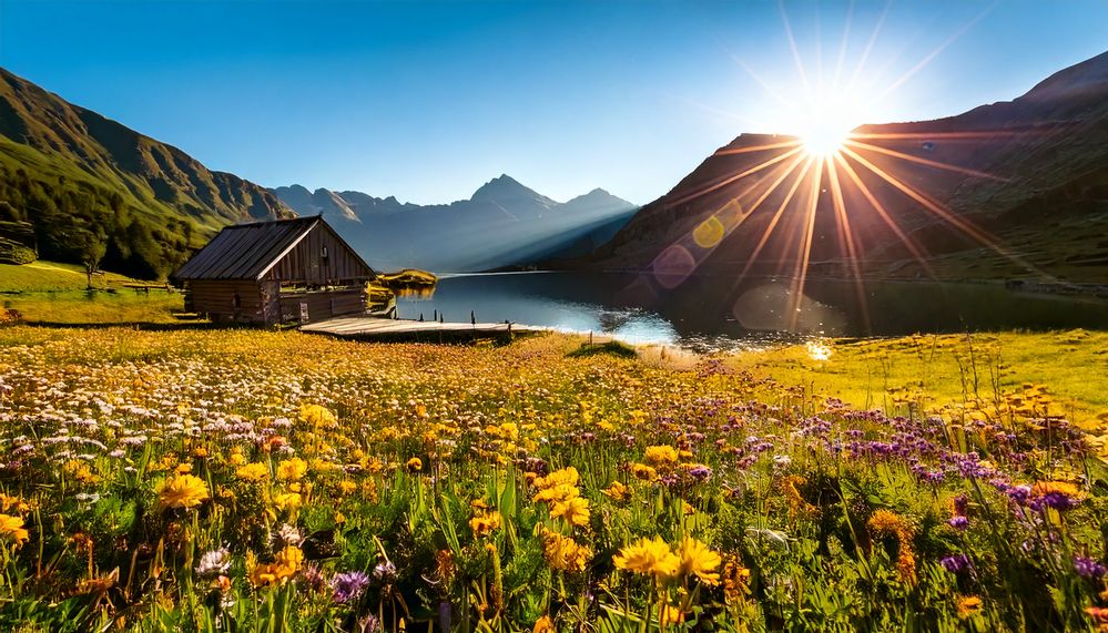 Firefly eine bunte Blumenwiese in der Morgensonne in den Bergen mit einem Bergsee und einem kleinen .jpg