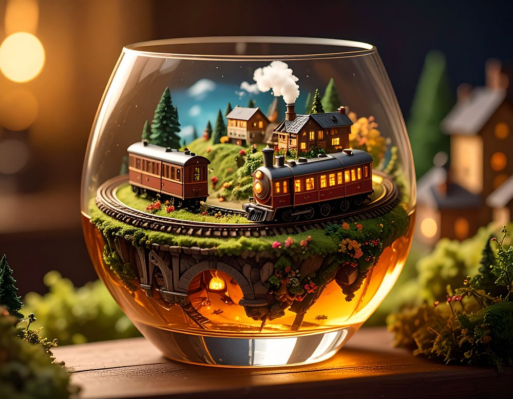 Firefly_create a tiny miniature railway that is running inside a whiskey glass. It has multip 290590-2.jpg