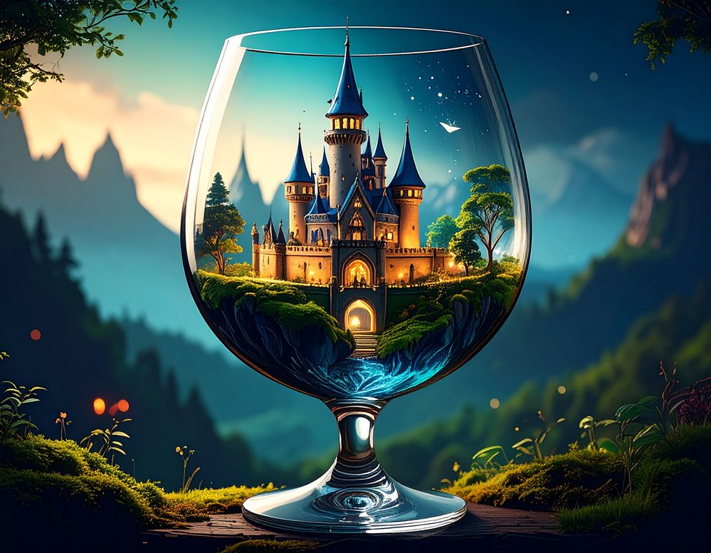Firefly_create a tiny recreation of Hogwarts wizarding castle inside a wine glass 638019.jpg