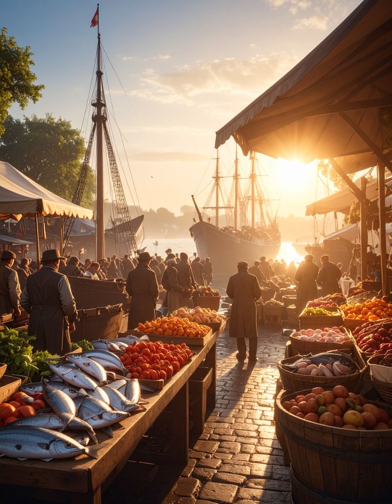 Firefly_fishmarket beside a busy harbour in the late 19th sentury with sailing ships on the w 155200.jpg