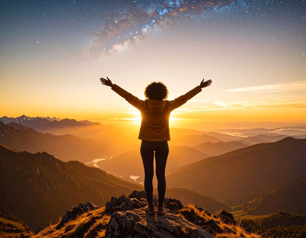 Firefly_Please create an image of the top of the mountains sunset time. A person standing on  584116.jpg