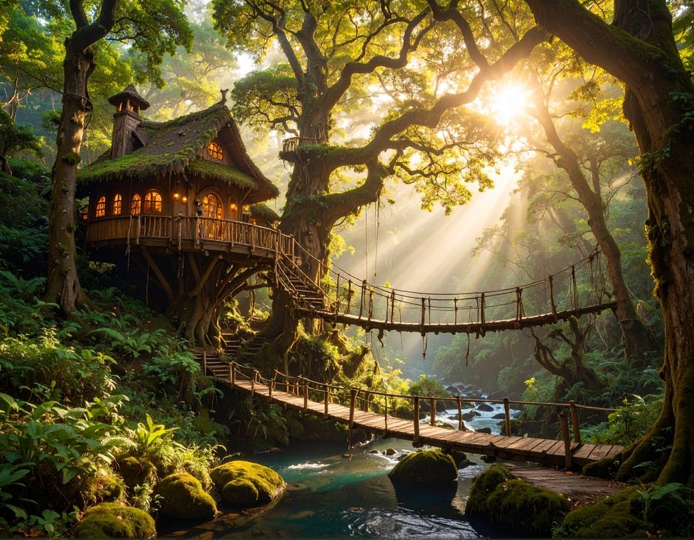 Firefly_A peaceful magical forest inhabited by elves, with elegant treehouses connected by ro 250293.jpg