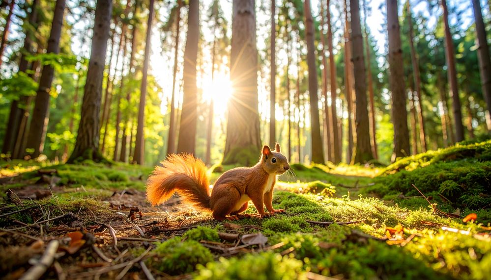 Firefly_A squirrel on the ground in at the middle of a magical forest with rays of sunlight s 772102.jpg