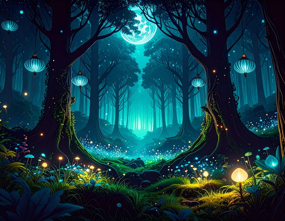 Firefly_magical mystic forest with Bioluminescent plants ,Floating lights and forest spirits 584271.jpg