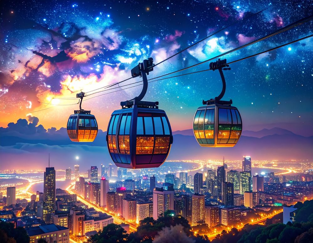 Firefly_A cable car that is ascending into a cloudy and starry sky from a bustling city, blue 474785.jpg