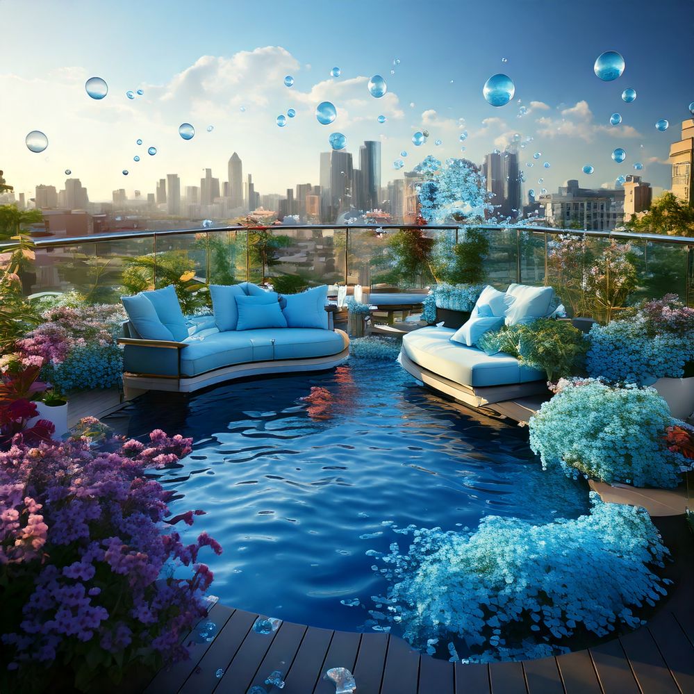 Firefly Water flows in an S-shape on the rooftop of an urban building, and many blue flowers are blo.jpg