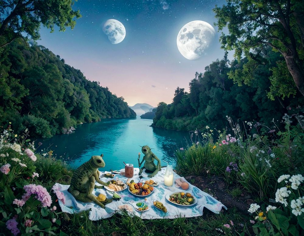 Firefly_An artistic, surreal summer picnic by a dreamy lake on an alien planet. Strange but b 854448.jpg