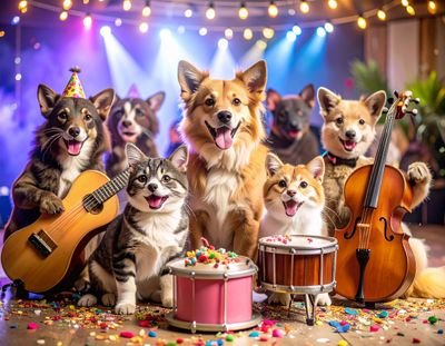 Firefly_Animal Birthday Party, happy animals, singing, music instruments, colourful, confetti 45738.jpg