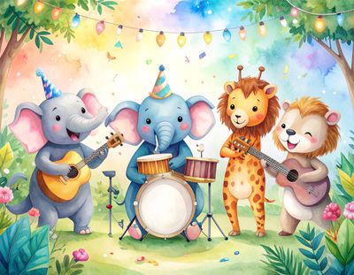 Firefly_Animal Birthday Party, happy animals, singing, music instruments, colourful, confetti 438766.jpg