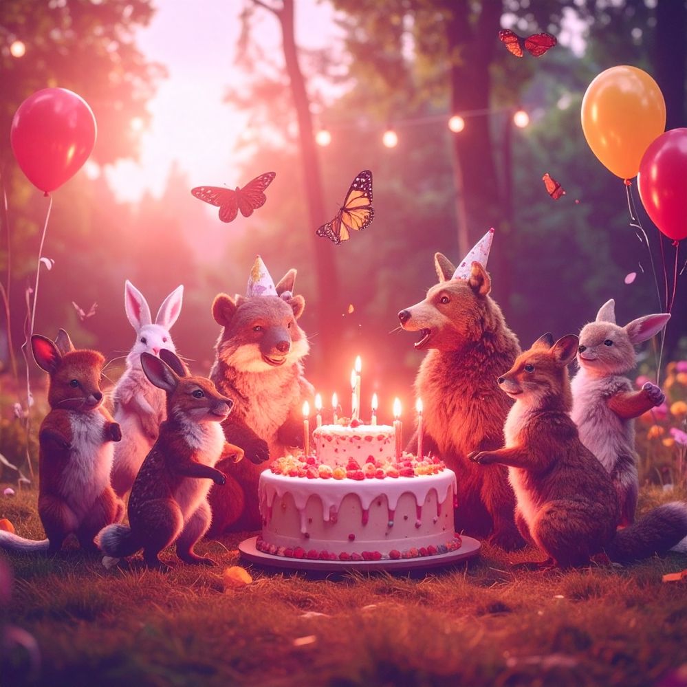 Firefly_A group of animals dancing and celebrating a birthday party in the middle of a forest 230185.jpg