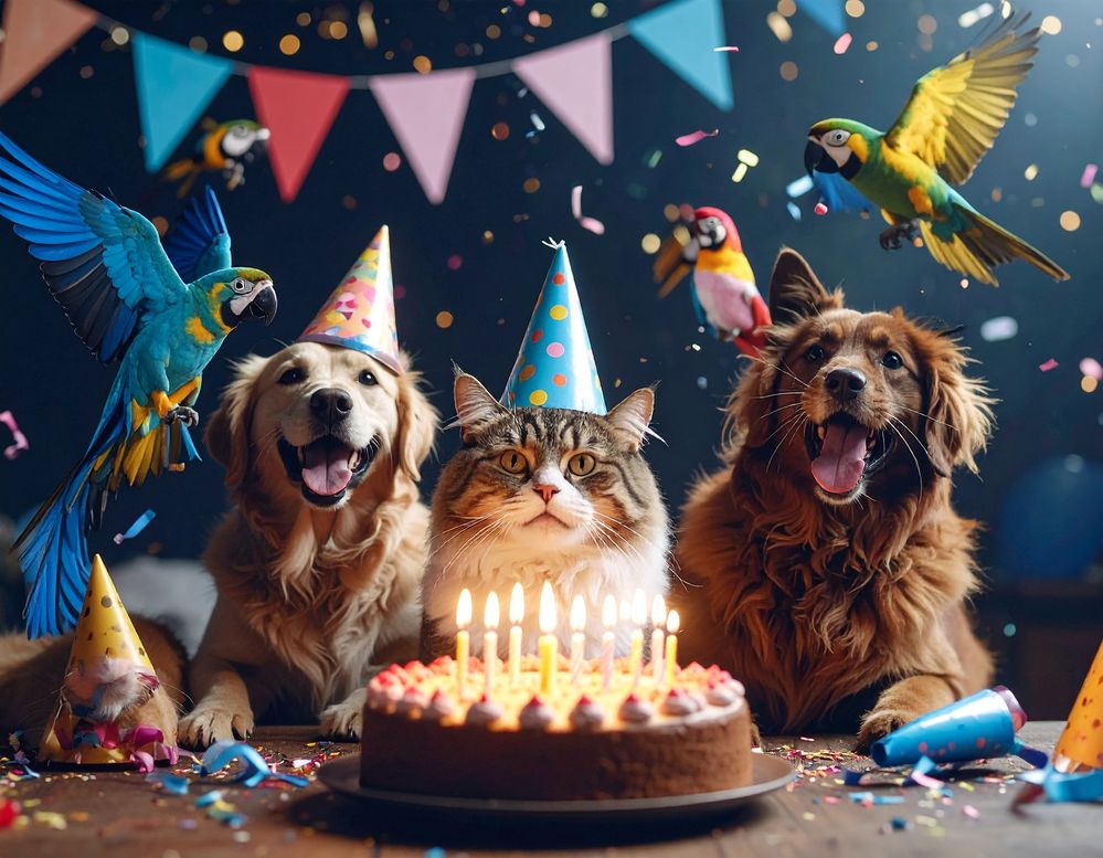 Firefly_Animals celebrate a cat's birthday in grand style. Dogs ring crackers and parrots sin 911864.jpg