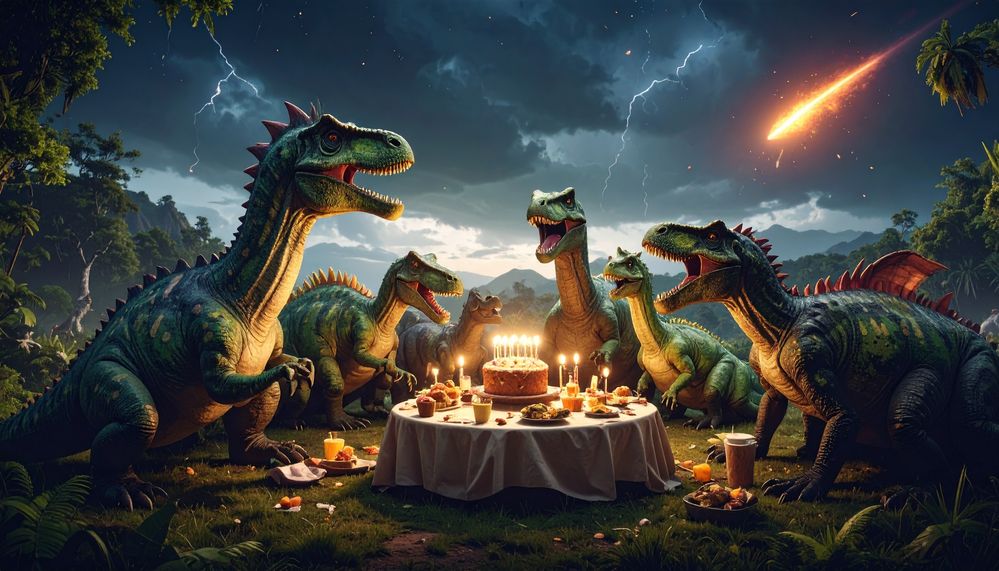 Firefly_Various dinosaurs sitting around having a picnic with a birthday cake in the centre,  801917.jpg