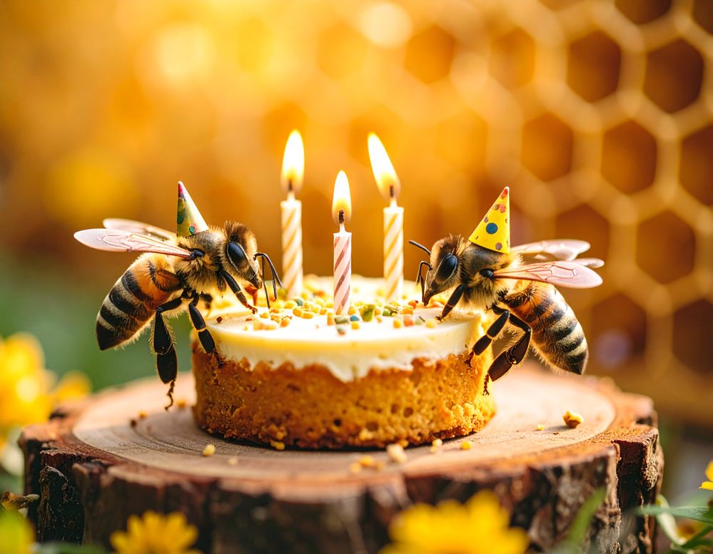 Firefly_realistic photo of 2 bees celebrating a birthday inside the nest, using party hats ar 157809.jpg