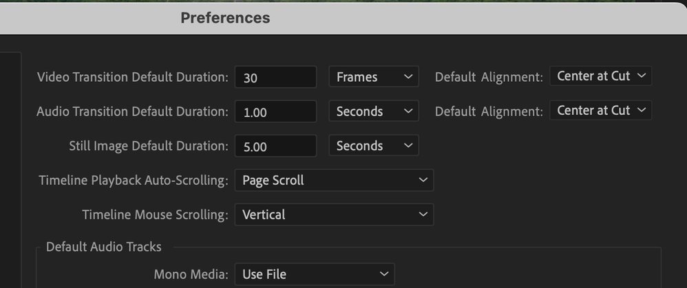 Pictured:  What the Premiere Pro Timeline settings might look like with an option for Default Alignment for video and audio transitions
